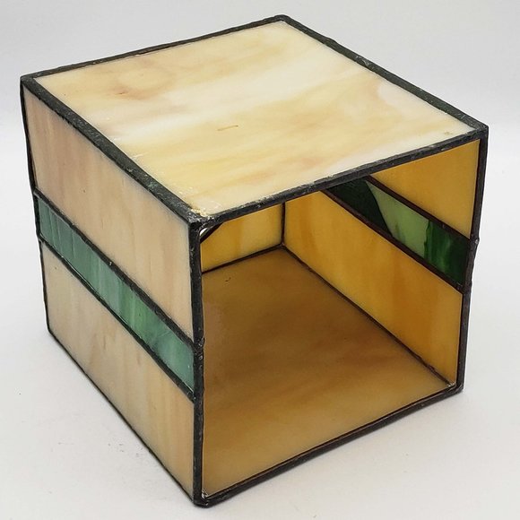 Vintage Handmade Slag Stained Glass Cream Emerald Tissue Box Cover - Picture 3 of 4